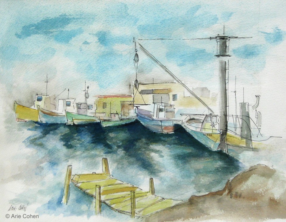 Fisherman-Boats-Aquarell-by-Arie-Cohen
